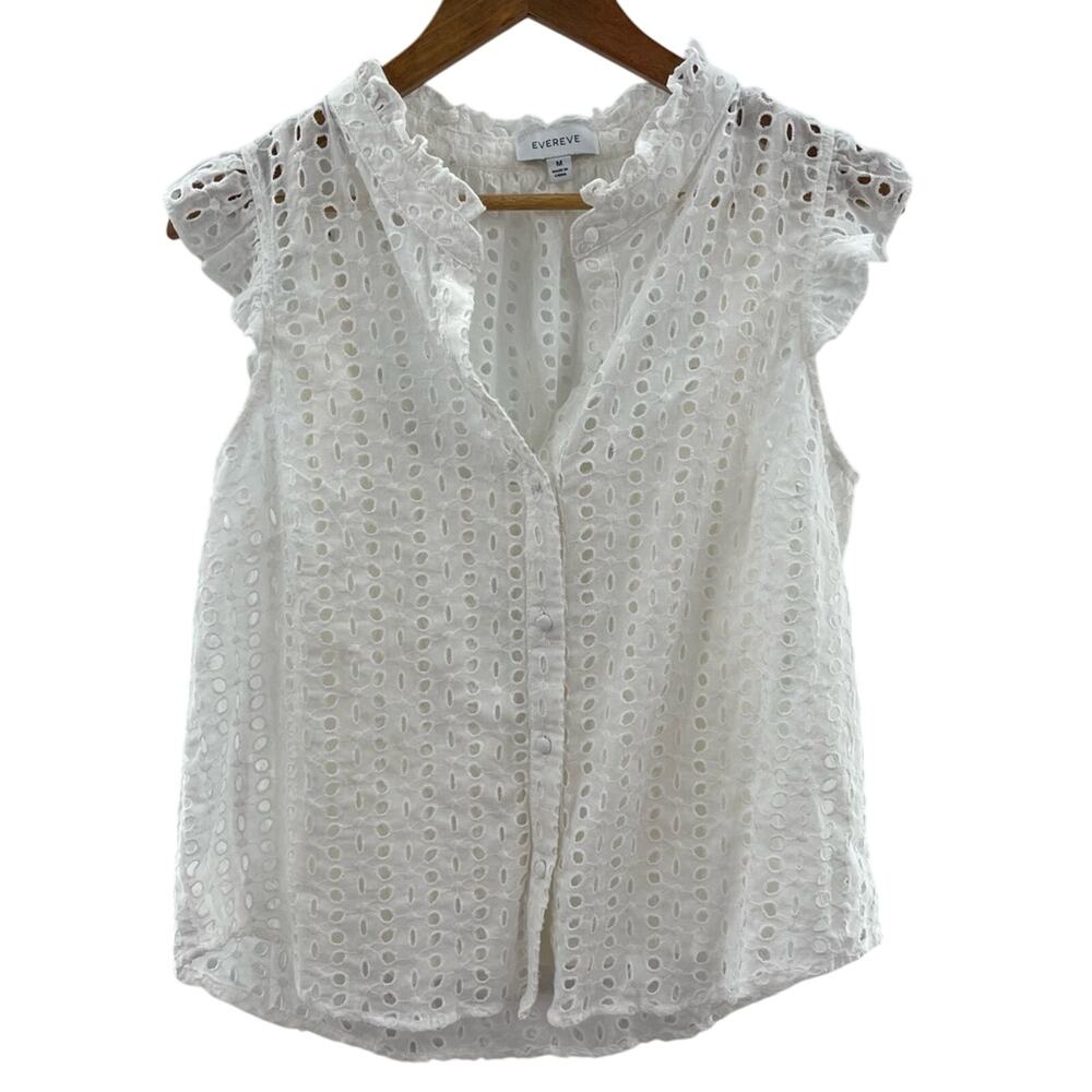 Evereve Calista Eyelet Ruffle Sleeveless Button Down Boho Blouse Size Medium - Picture 2 of 14